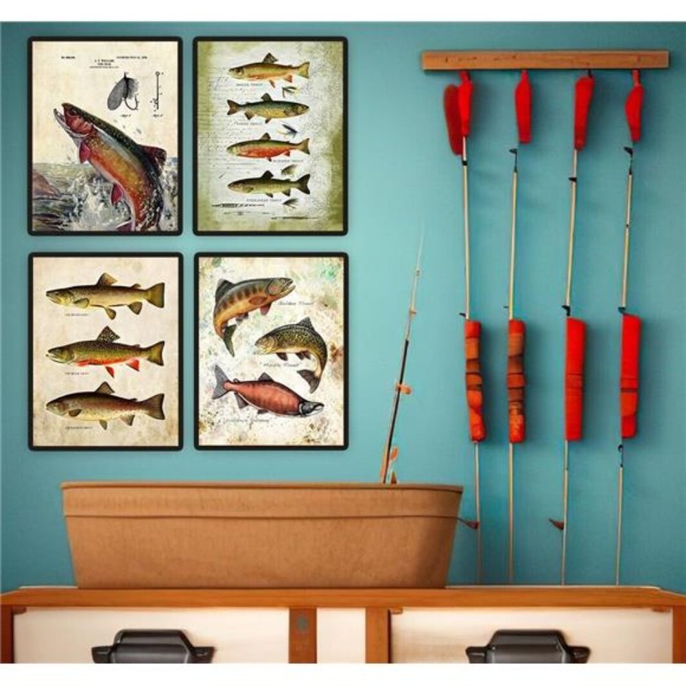 Vintage Trout Fly Fishing Patent Art 4 Prints Office Lodge Cabin Wall Décor